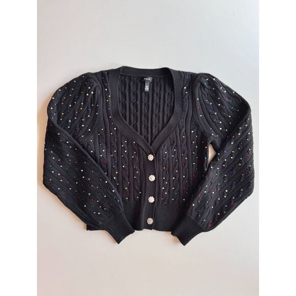 NWOT AQUA Black Rhinestone Studded Cable Knit Cardigan Sweater, Size S - Picture 2 of 10